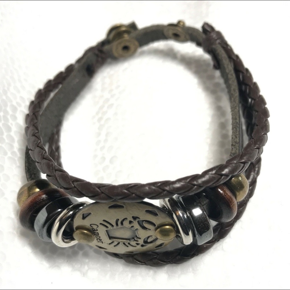 Leather bracelet Cancer Zodiac with charms